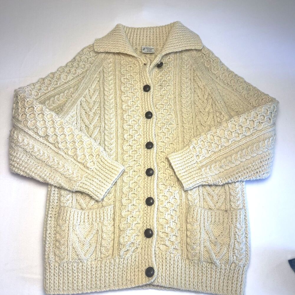 Irish Aran Hand Knit 100% Wool Cable Knit Cardigan Sweater Ivory Fisherman LARGE